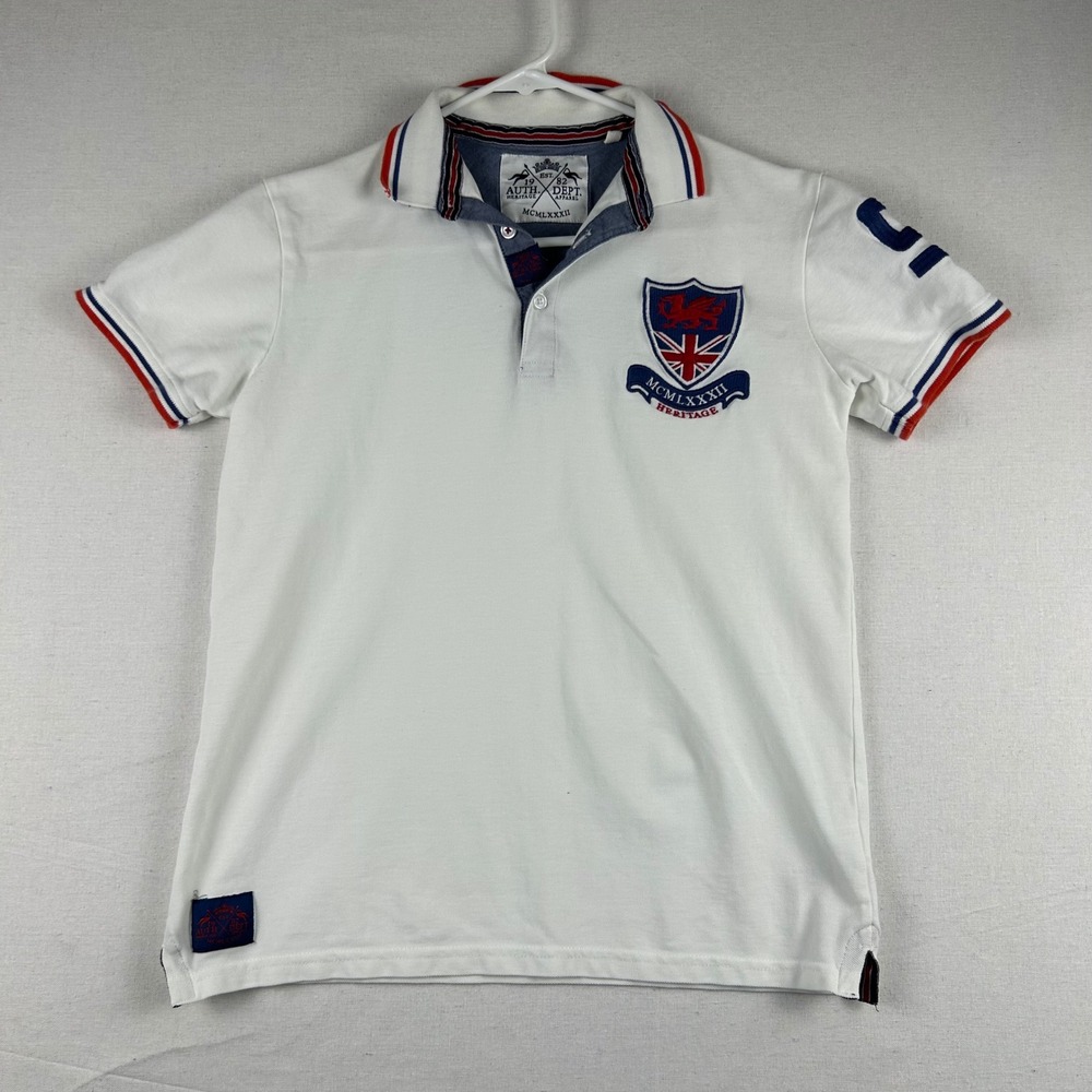 Next Auth Dept Heritage Polo Shirt White British Crest Dragon 98 Mens XS 13yrs